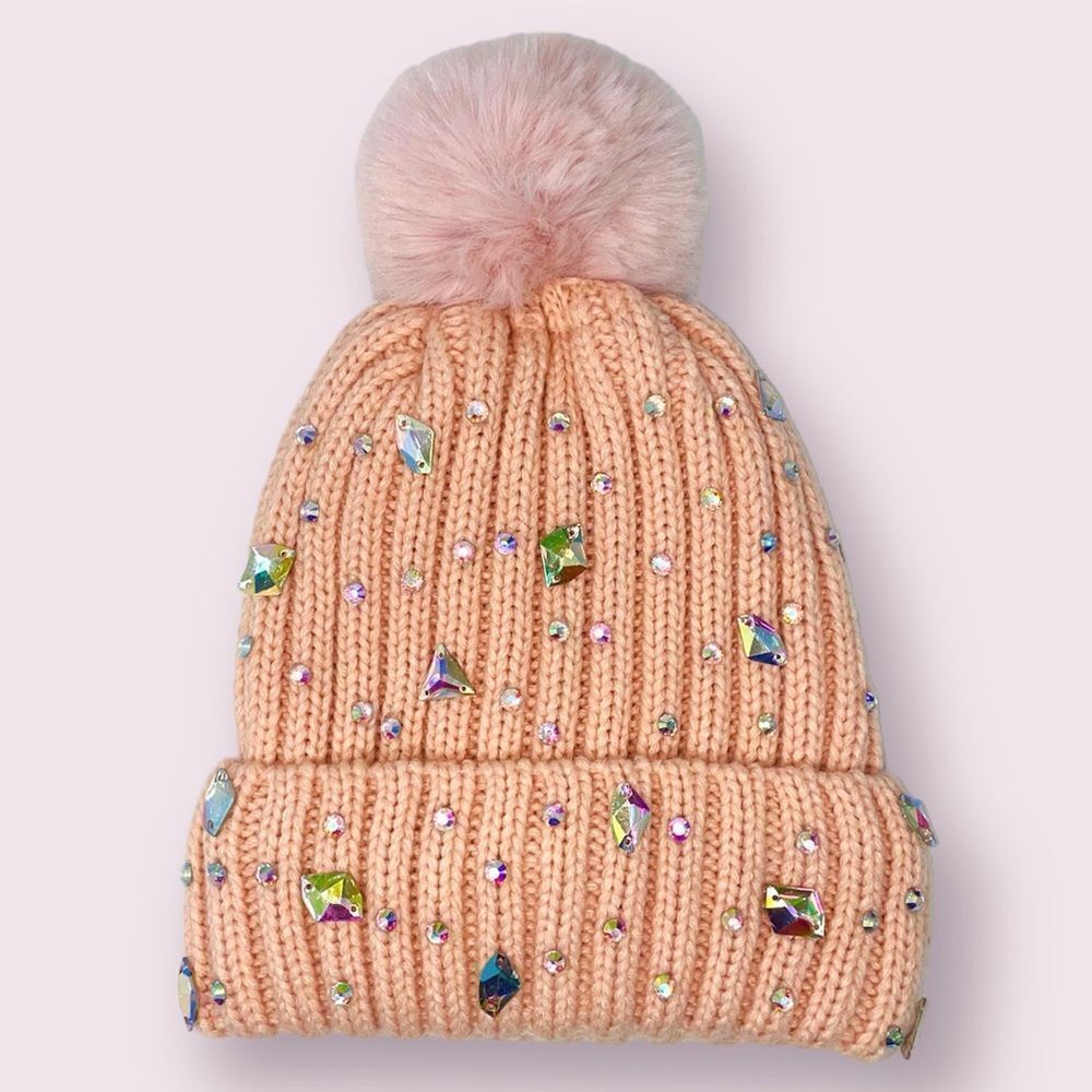Blush Pink Iridescent Sparkle Gem Winter Beanie Hat